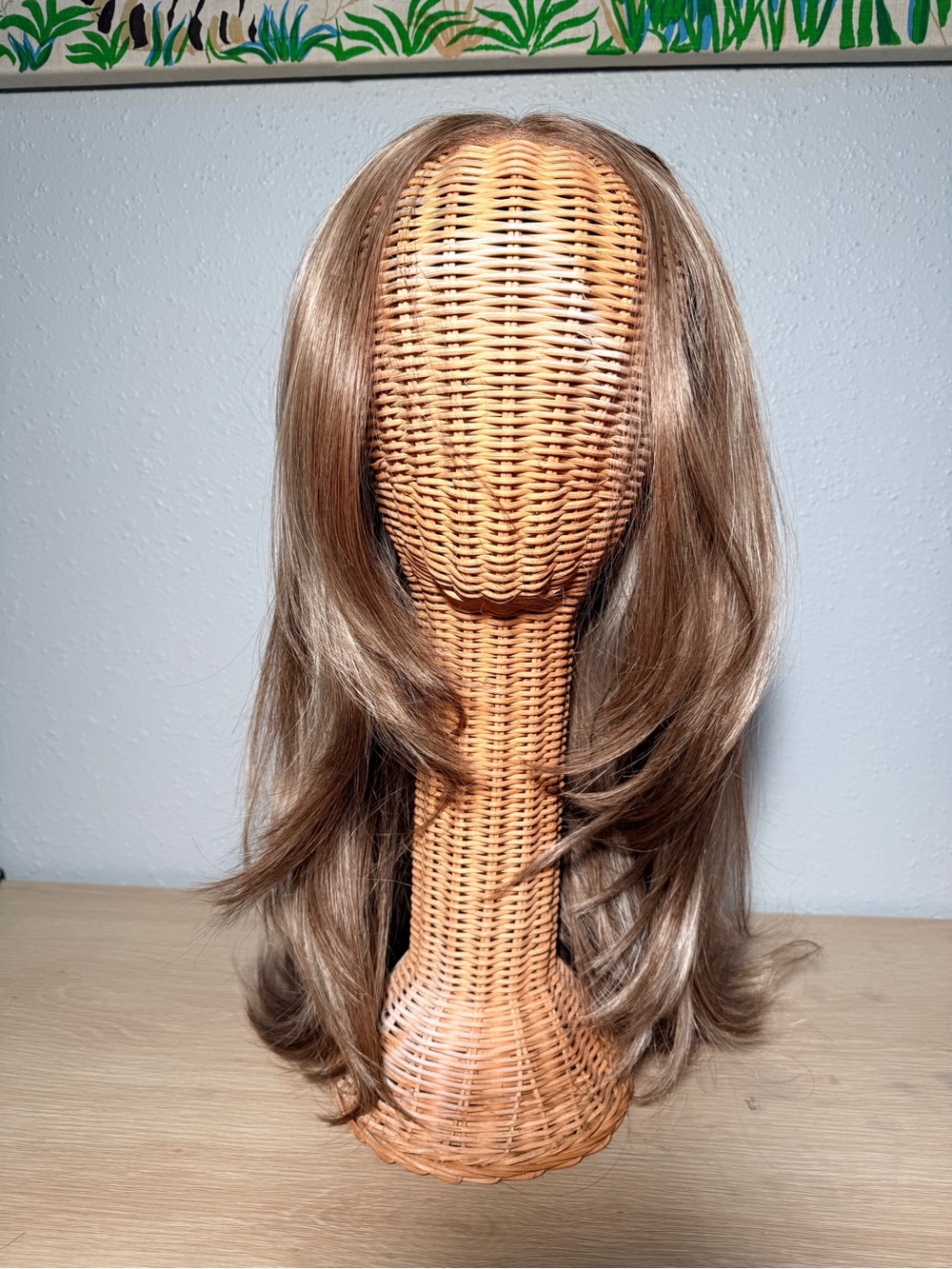 1E Temple to Temple lace hand tied synthetic wig ash brown w/ blonde highlight